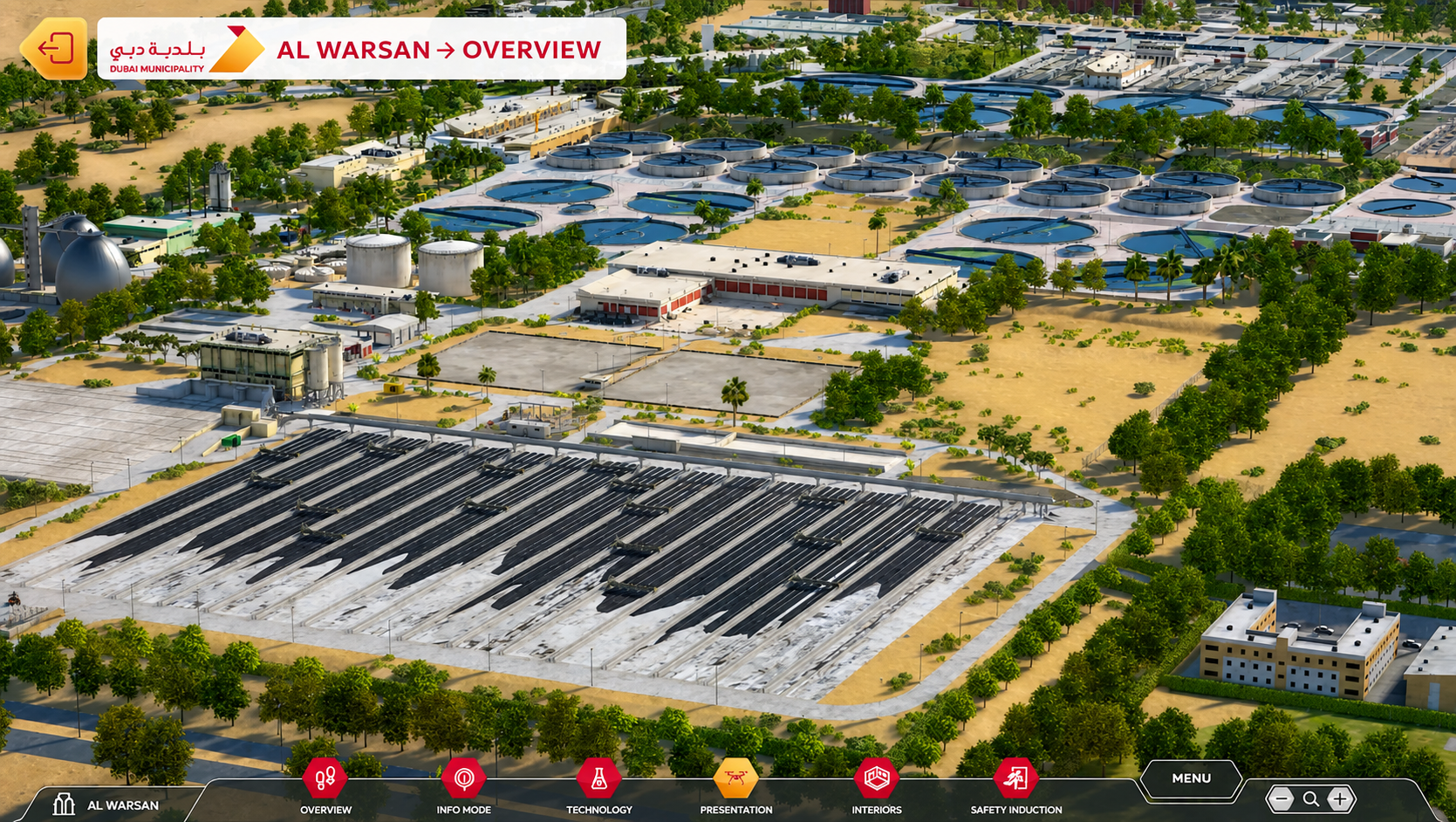 Digital twin overview of the Al Warsan wastewater treatment plant in the VR operator training application