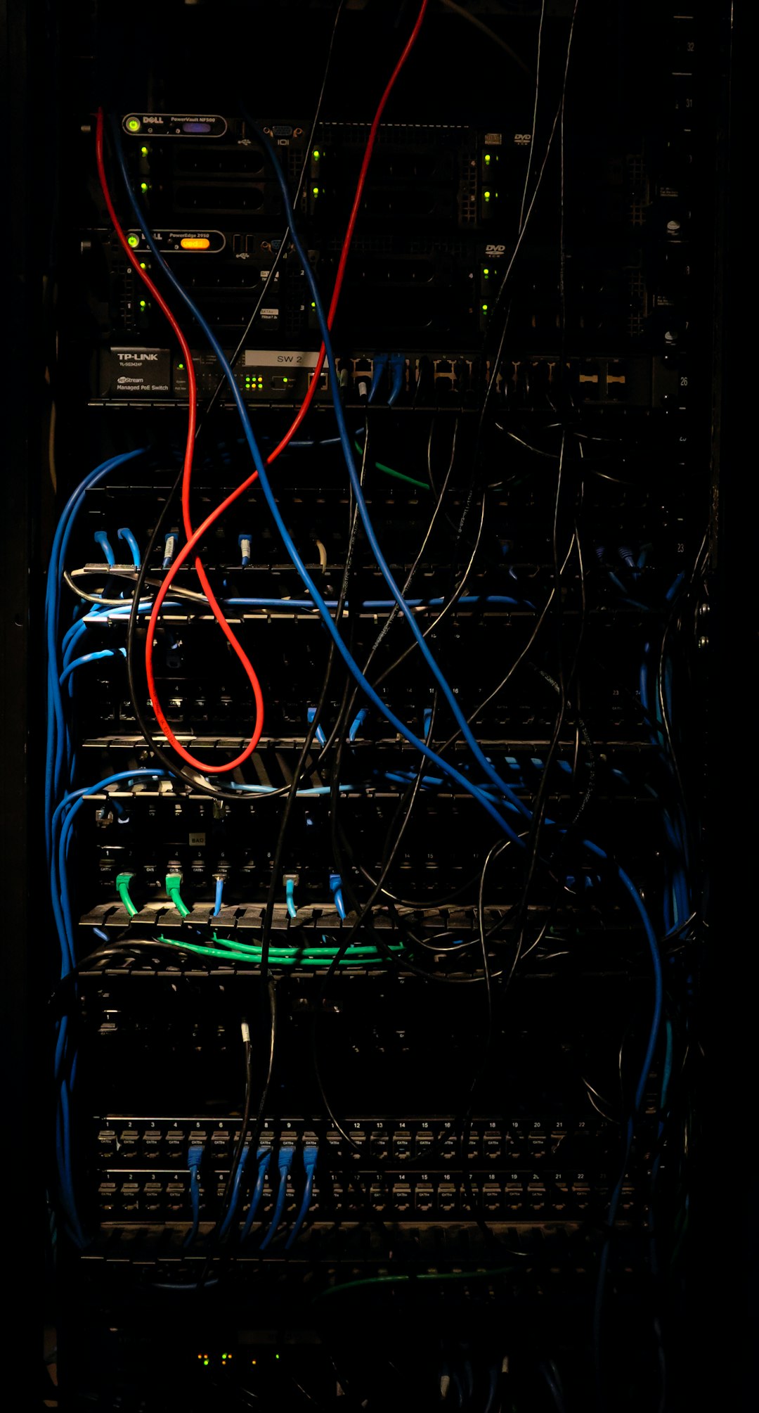 Network patch panel with red and blue cables in a dark rack