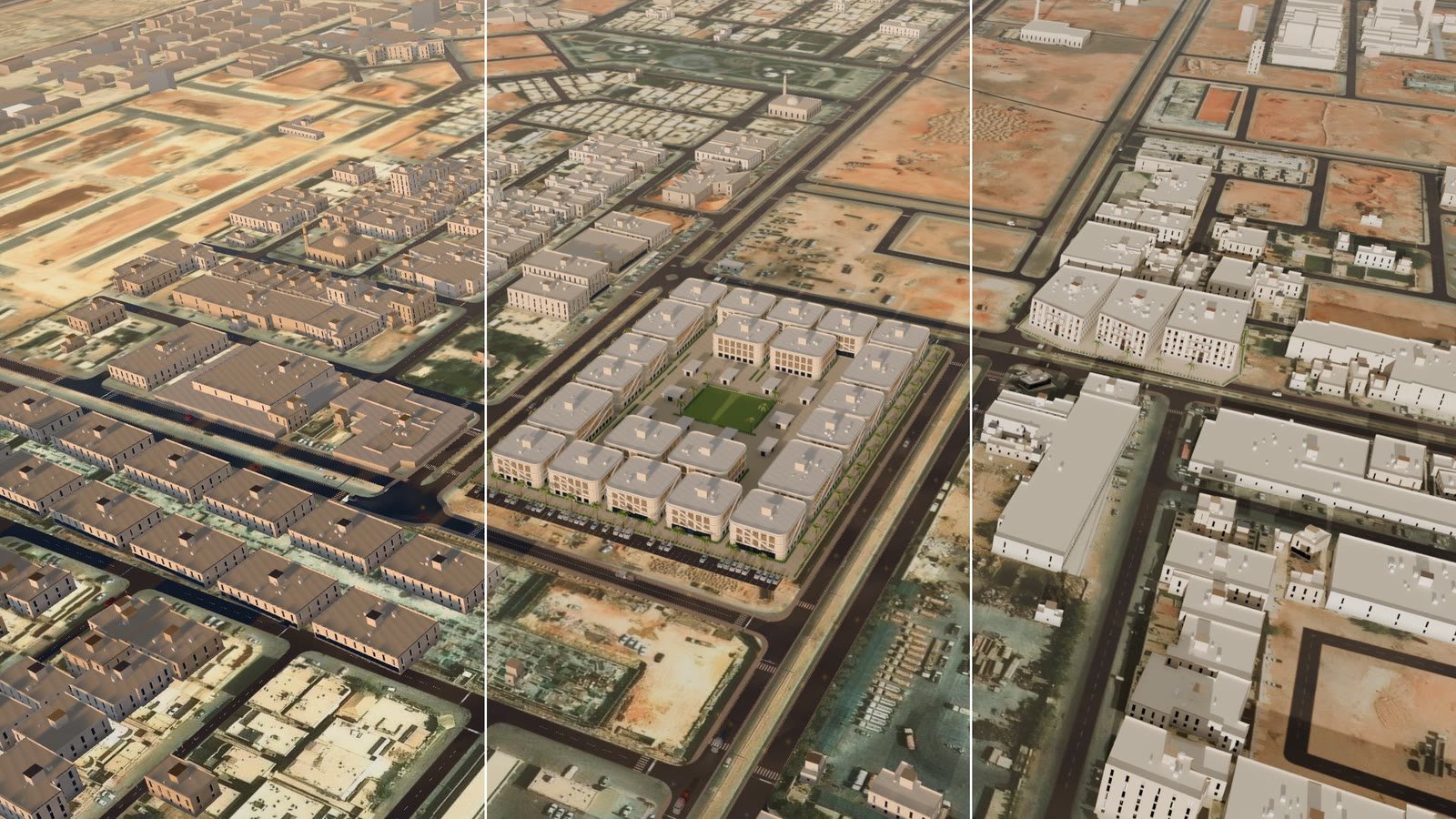 One view of a residential compound in Riyadh in three strips: the live 3D map on the left, a 50/50 blend in the middle, the Blender render from the same camera on the right. The blend shows a single picture with no double edges