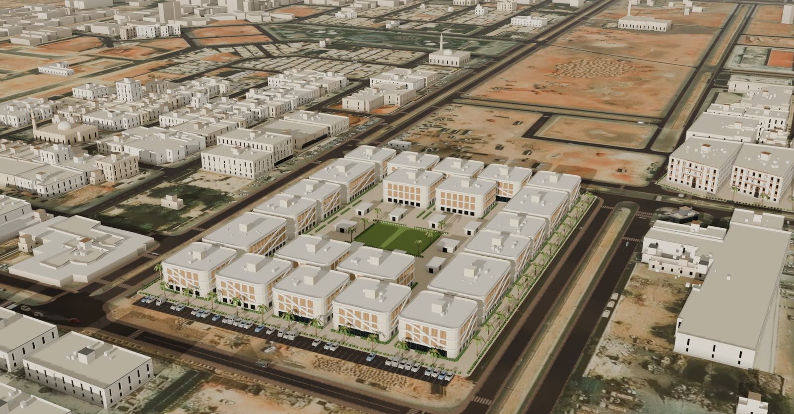 After the click the render fills the screen: the residential compound in Riyadh at one of four orbit stops, with cars from the map's animated traffic along its edge