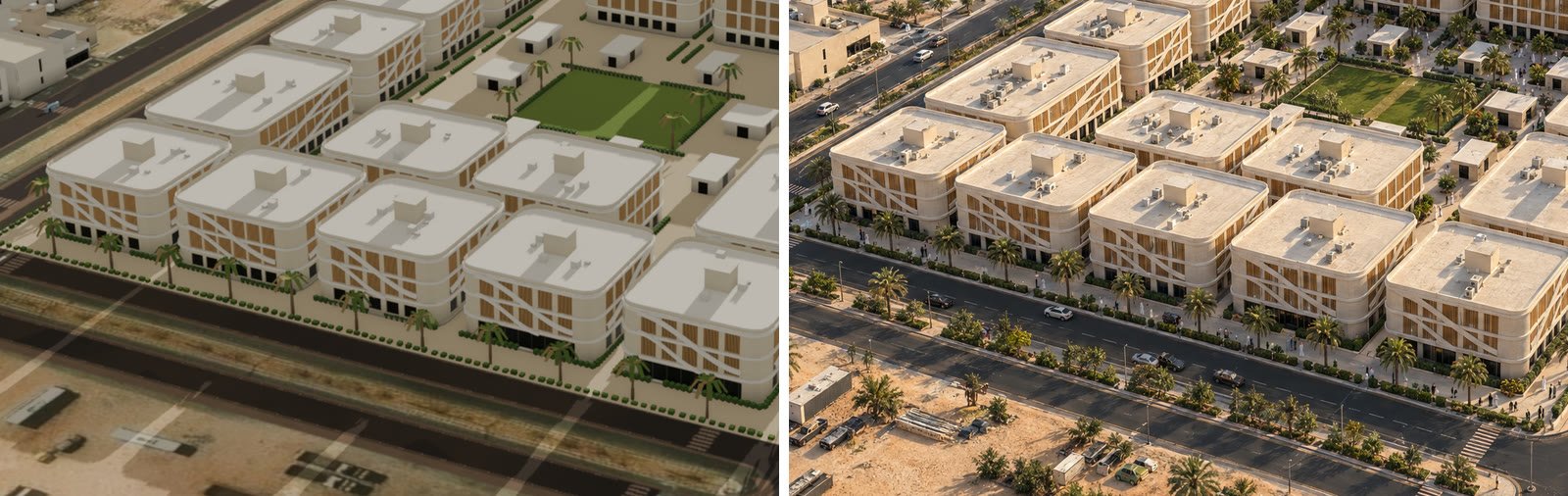 Left: our render of the residential compound in Riyadh. Right: image model B's finish of the same frame, with the buildings where our model put them and road trees, street lights and people that our model does not have
