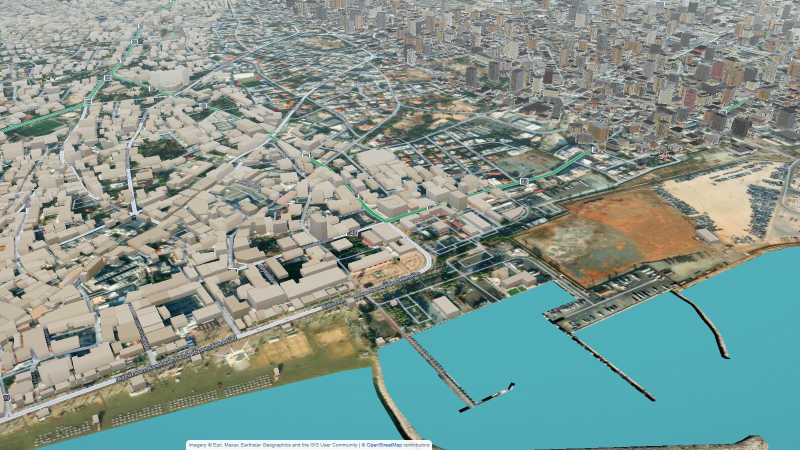 Our first pass at Larnaca: buildings placed by rule on a draped satellite photo. The owner's verdict was "visually unattractive".