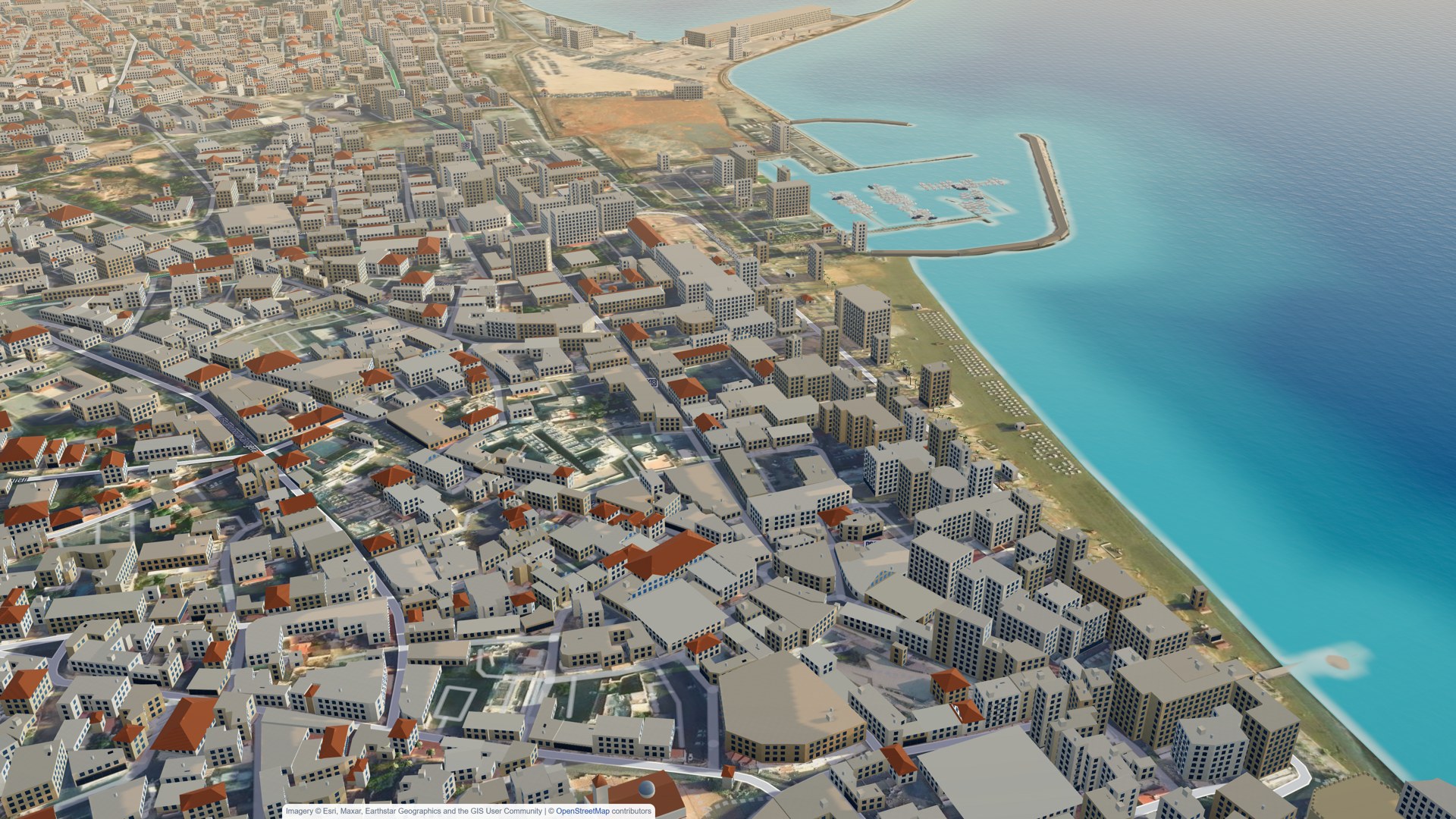 The measured city from above: roofs, streets and the seafront modelled from open data, building by building along the front.