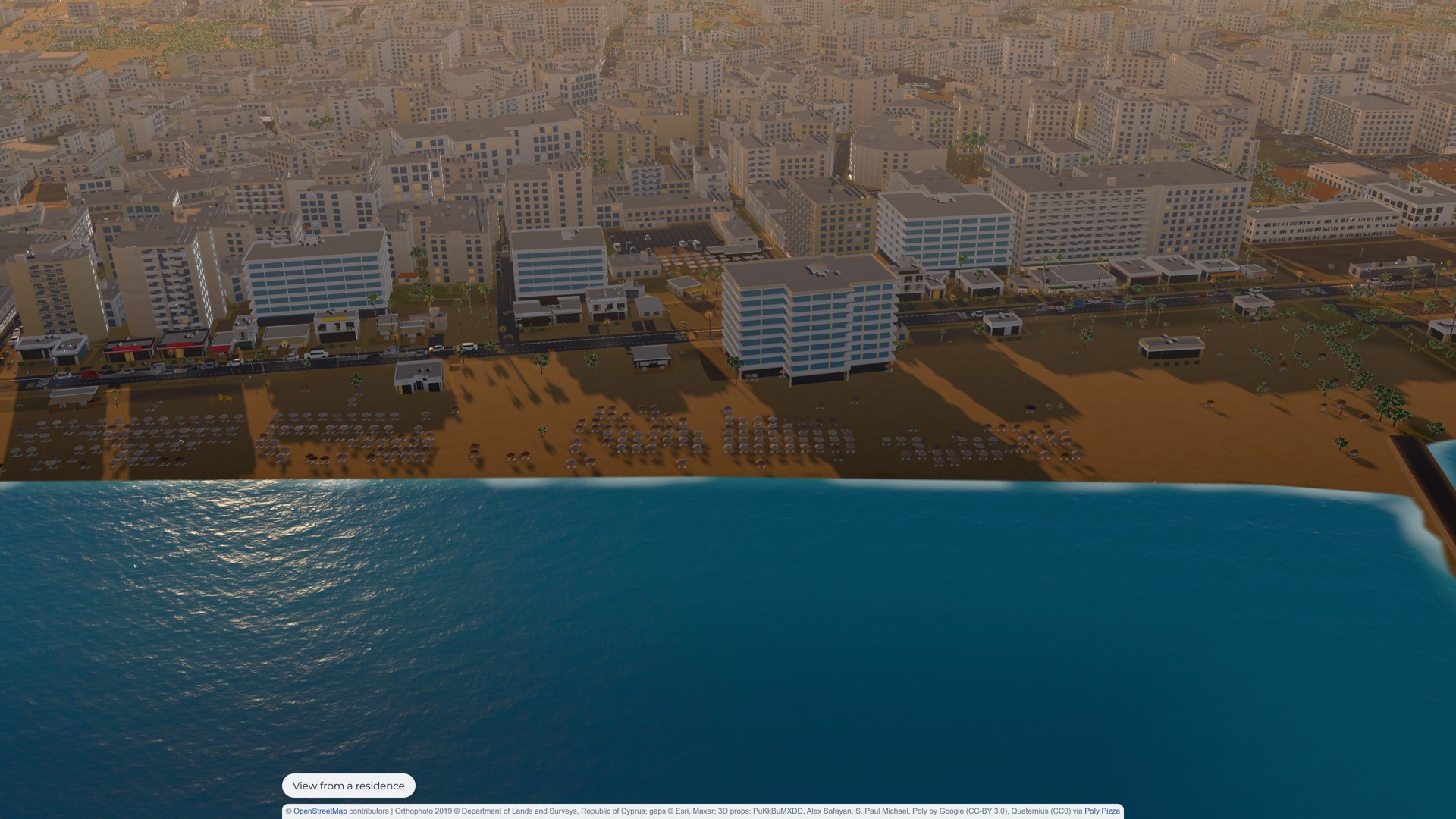 The Finikoudes promenade after measurement: trees, parked cars and beach umbrellas at their real positions and sizes, in evening light.