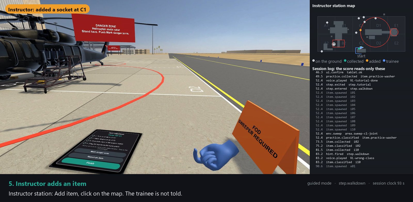 Left, the trainee's view in the headset; right, the instructor station's grid map and session log seconds after the instructor added a socket at grid square C1, shown as an orange dot. The trainee is not told.