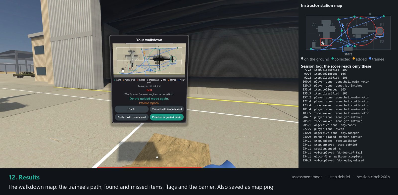 Assessment debrief on the trainee's tablet: the walkdown map with the path, found and missed items, flags and the barrier, the missed bolt named below it, and the instructor station's session log on the right