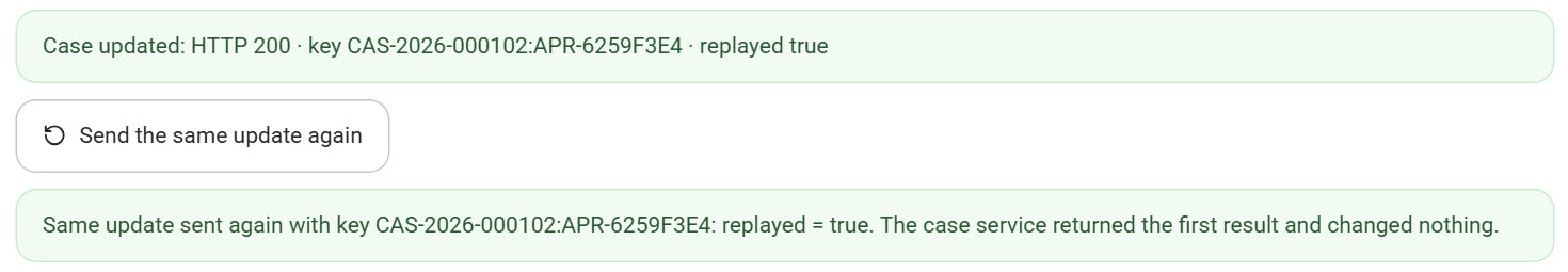 Demo screen after a reviewer approved: the decision was written with HTTP 200, and pressing "Send the same update again" with the same idempotency key, case ID plus approval ID, returned the first result and changed nothing