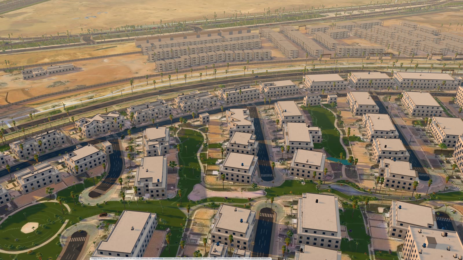 Styled compounds in the Mostakbal City demo, East Cairo, in the default golden-evening light: houses and apartment blocks from open data and satellite tracing, palms along the road medians, lawns and a lagoon read off the imagery, and the unfinished buildings across the road drawn as bare concrete frames.