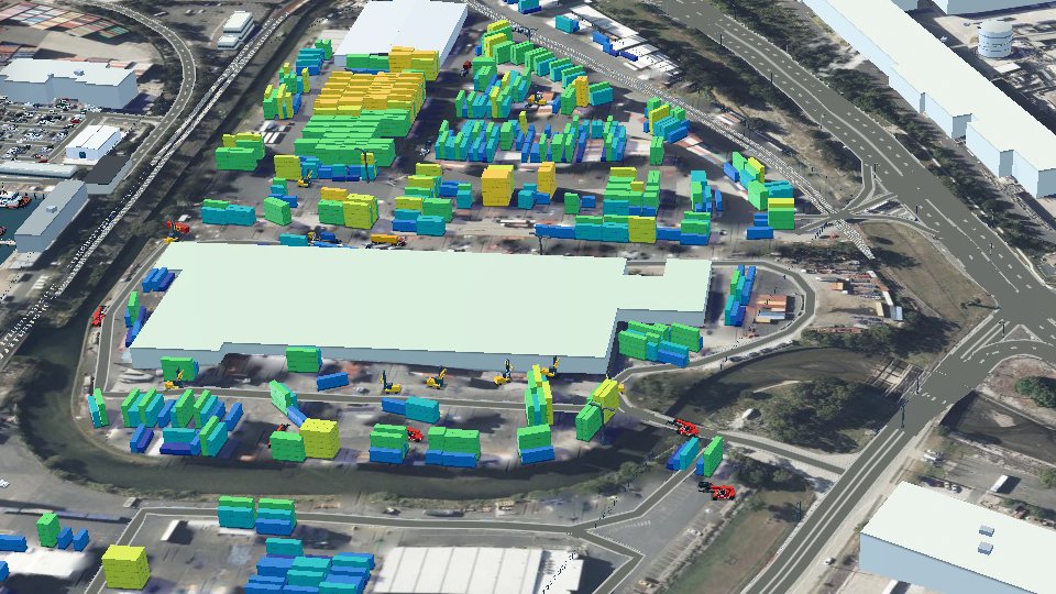 Port Botany container park in the 3D model, stacks coloured by height from one tier (dark blue) to six (yellow). Footprints come from a 25 cm aerial photo; heights are estimated from shadows.