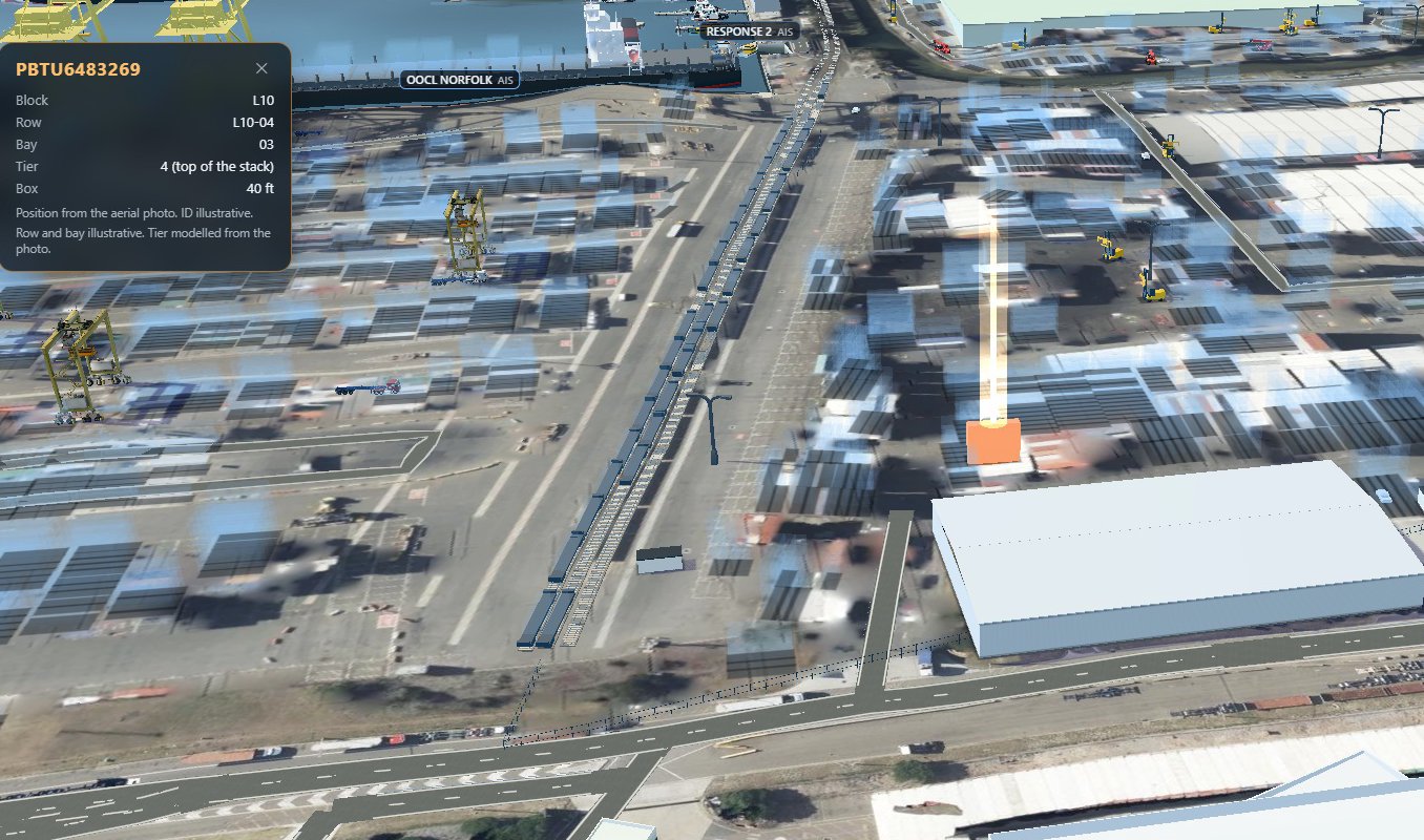 Finding a container in the 3D yard of the Port Botany demo: every stack turns to glass and one box stays solid
