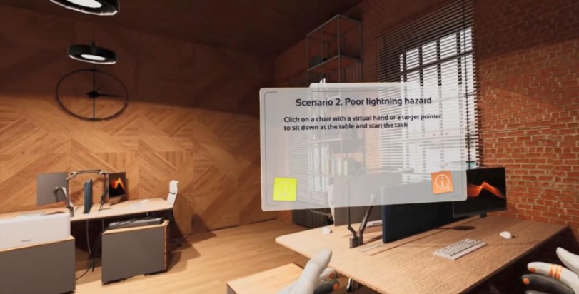 An office-safety scenario from one of our VR simulators: the trainee finds the hazard, then fixes it.