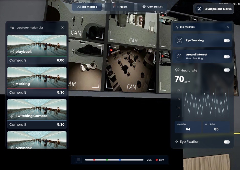A VR operations-training console of the kind that feeds level 2 and level 3 evidence: what the trainee reviewed and marked, with eye tracking and heart rate recorded for the debrief.