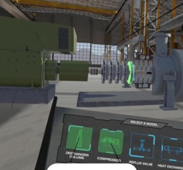 Equipment familiarisation in a VR plant scenario: pick a compressor or a column and study it from every side.