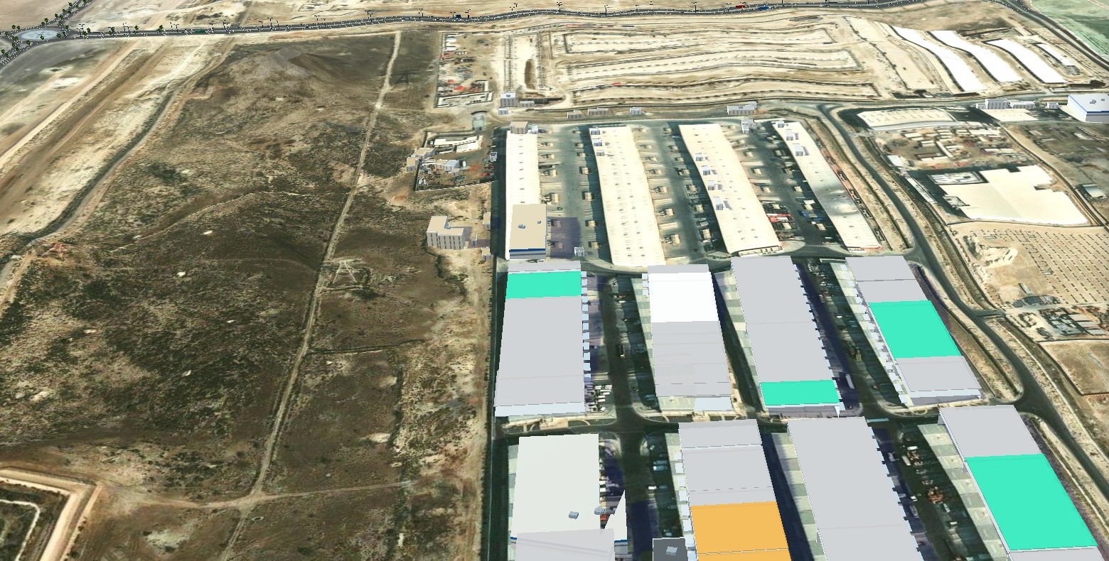 Warehouse units leased one by one in a UAE industrial zone: green available, amber under offer. Statuses illustrative.